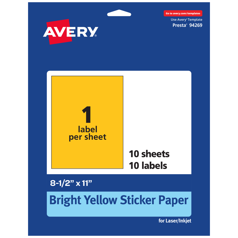 Avery Printable Sticker Paper, 94269-BYP10, Rectangle, 8-1/2in x 11in, Matte Bright Yellow, Pack of 10 MPN:94269-BYP10