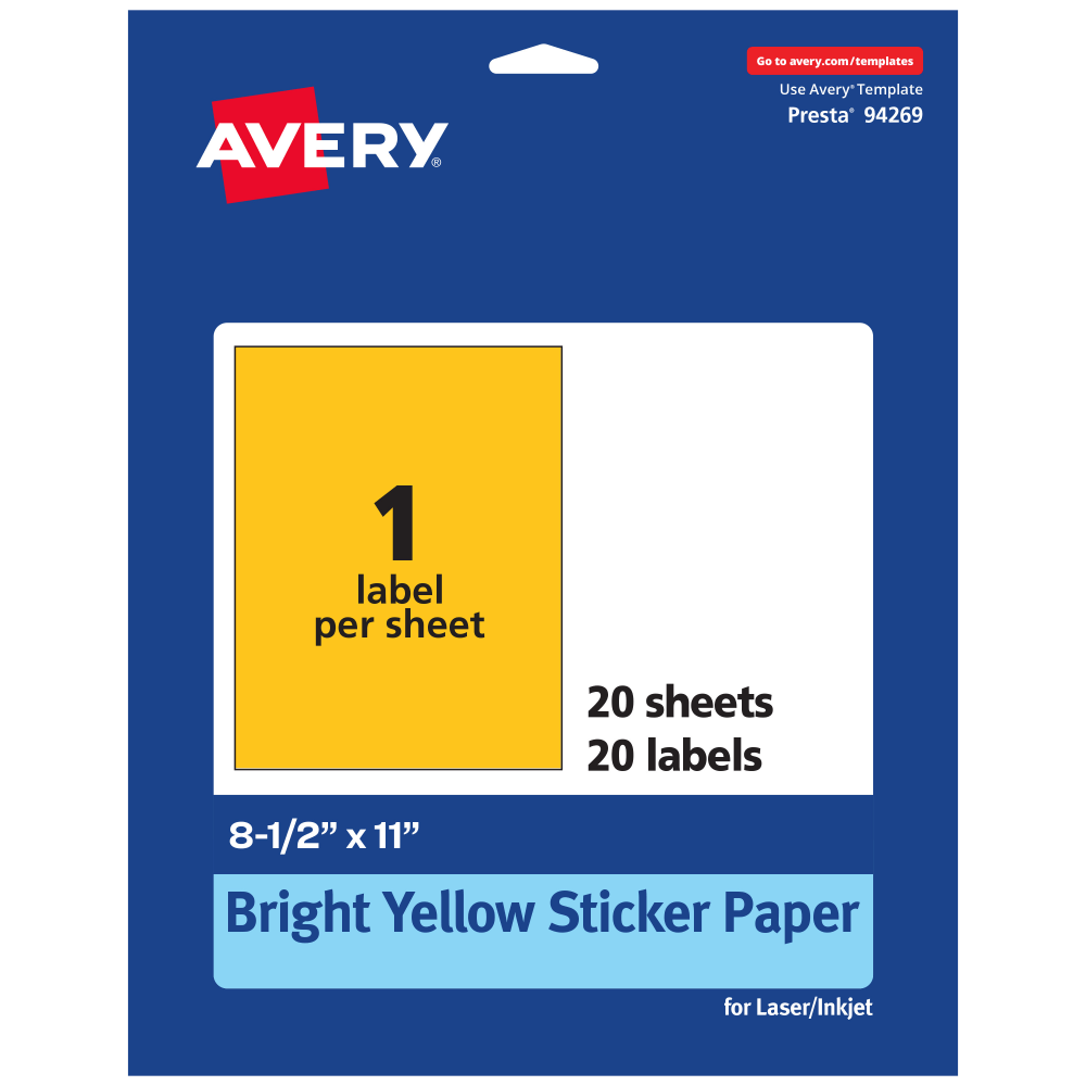 Avery Printable Sticker Paper, 94269-BYP20, Rectangle, 8-1/2in x 11in, Matte Bright Yellow, Pack of 20 MPN:94269-BYP20