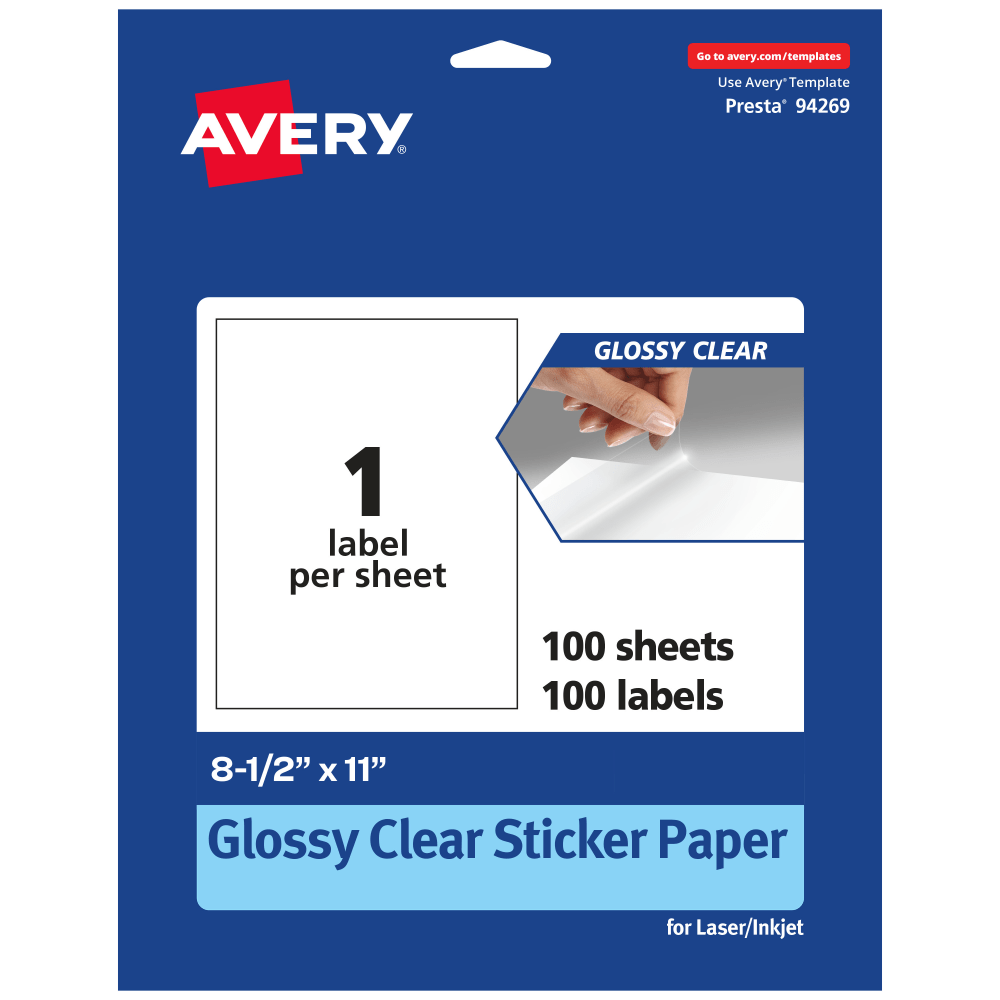 Avery Glossy Permanent Labels, 94269-CGF100, Rectangle, 8-1/2in x 11in, Clear, Pack Of 100 MPN:94269-CGF100