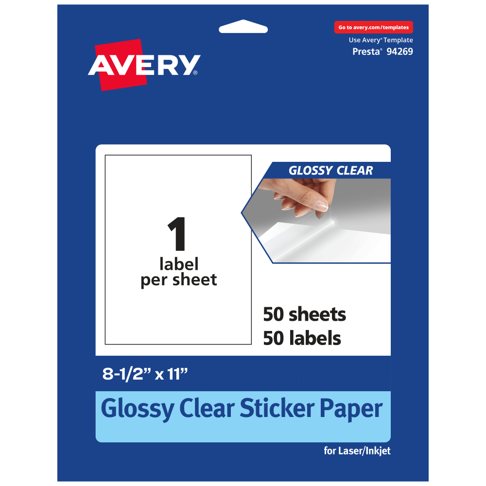 Avery Glossy Permanent Labels, 94269-CGF50, Rectangle, 8-1/2in x 11in, Clear, Pack Of 50 MPN:94269-CGF50