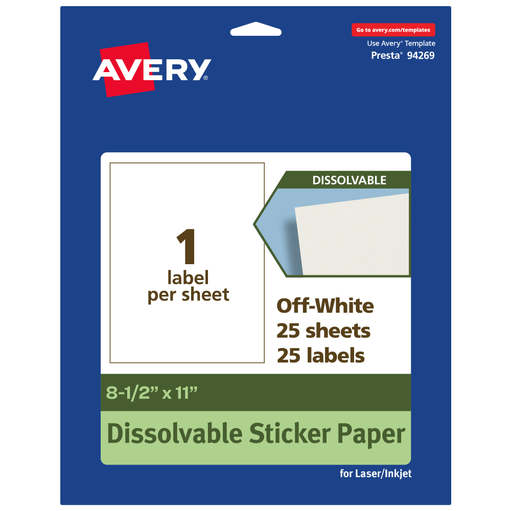 Avery Dissolvable Labels, 94269-DWMP25, Rectangle, 8-1/2inx11in, Matte Off-White, Pack Of 25 MPN:94269-DWMP25