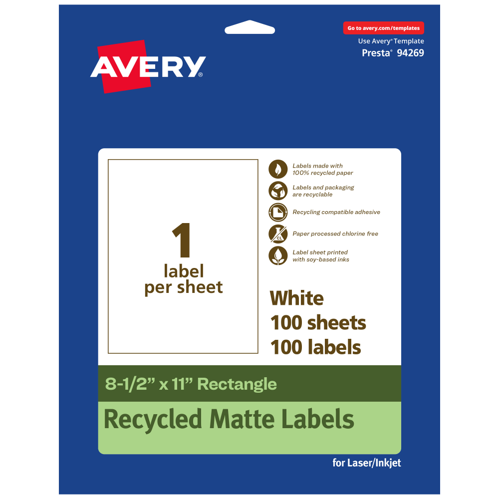 Avery Recycled Paper Labels, 94269-EWMP100, Rectangle, 8-1/2in x 11in, White, Pack Of 100 MPN:94269-EWMP100