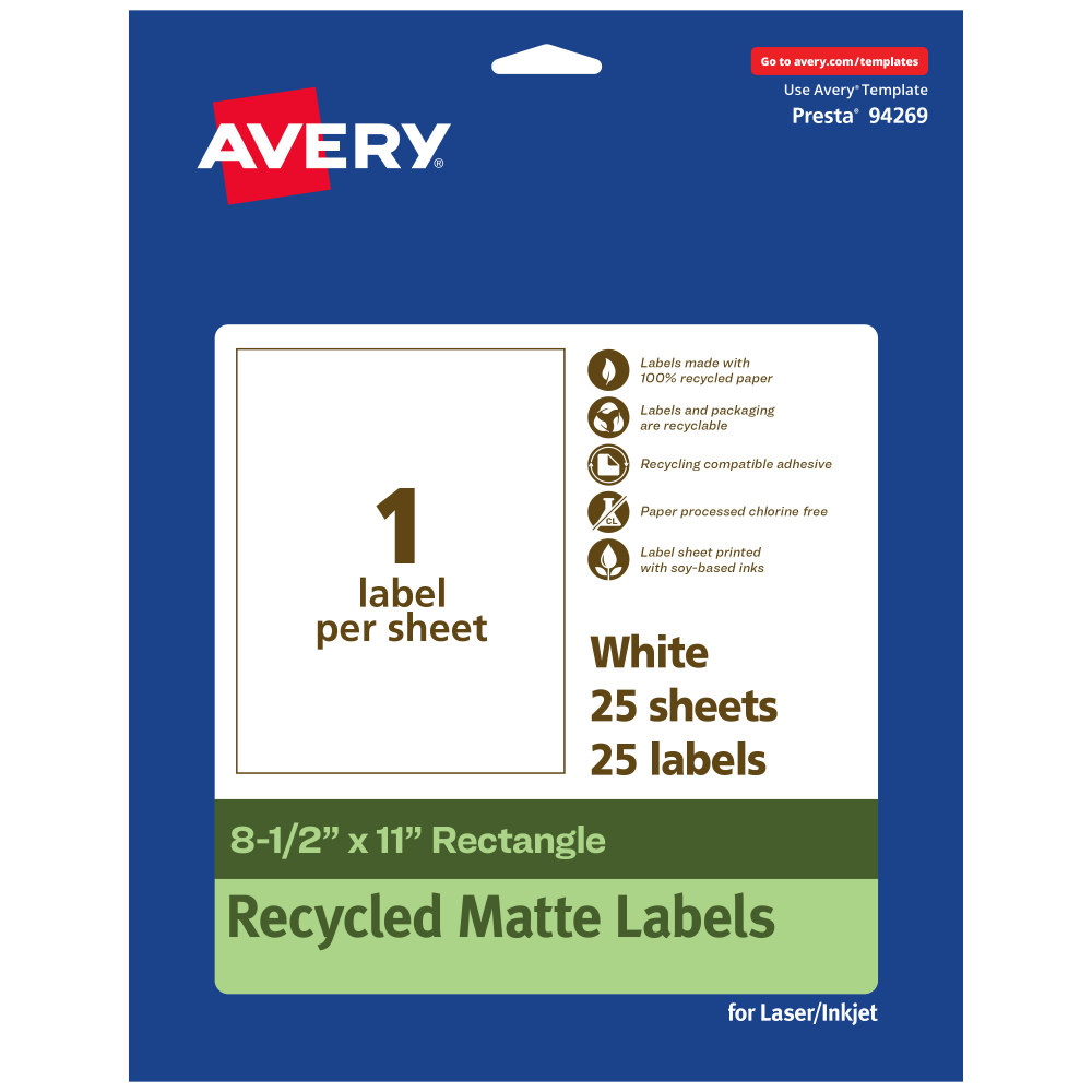 Avery Recycled Paper Labels, 94269-EWMP25, Rectangle, 8-1/2in x 11in, White, Pack Of 25 MPN:94269-EWMP25