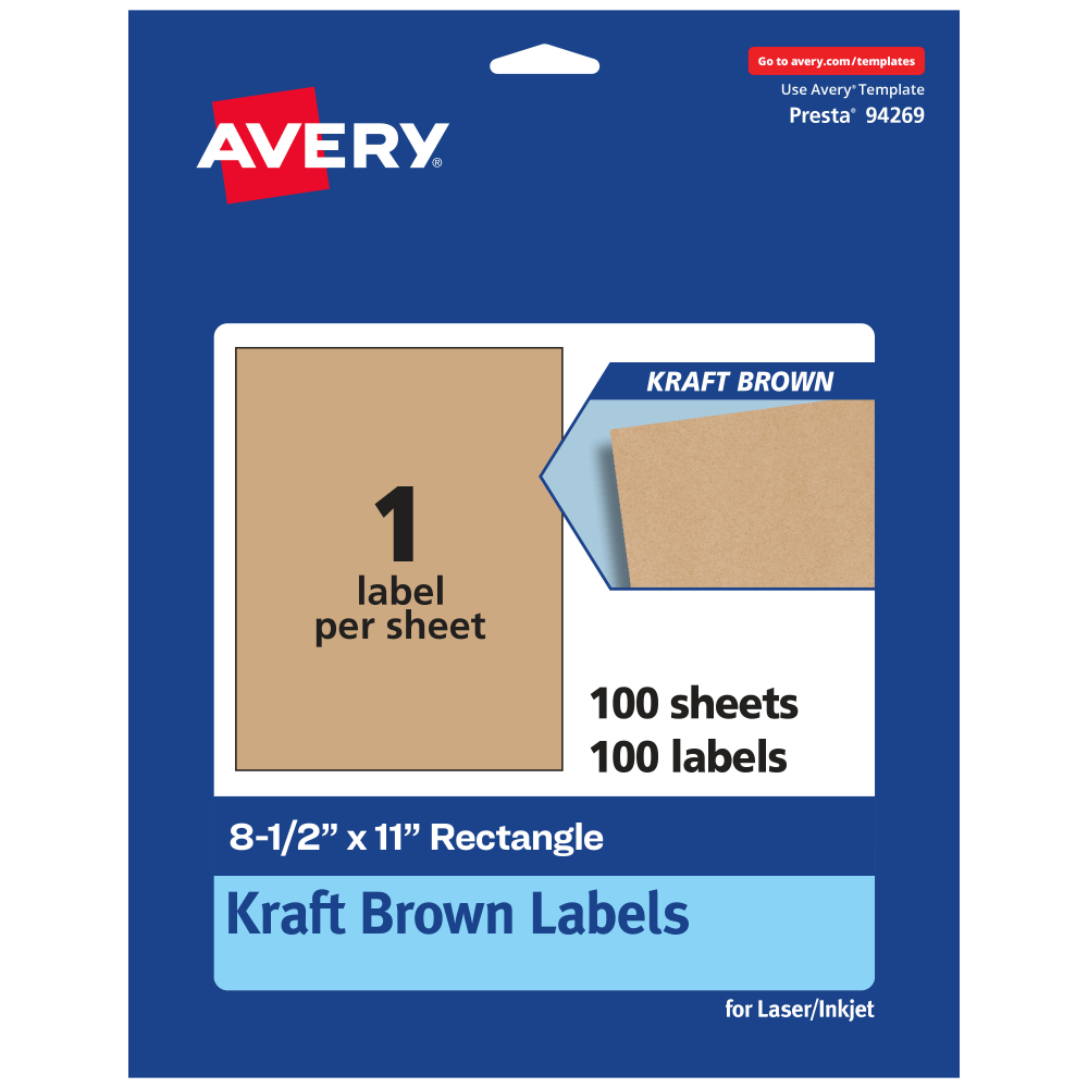 Avery Kraft Permanent Labels, 94269-KMP100, Rectangle, 8-1/2in x 11in, Brown, Pack Of 100 MPN:94269-KMP100