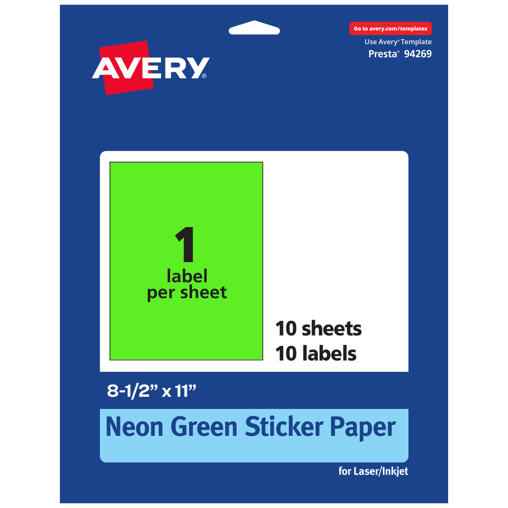 Avery Printable Sticker Paper, 94269-NGP10, Rectangle, 8-1/2in x 11in, Matte Neon Green, Pack of 10 MPN:94269-NGP10