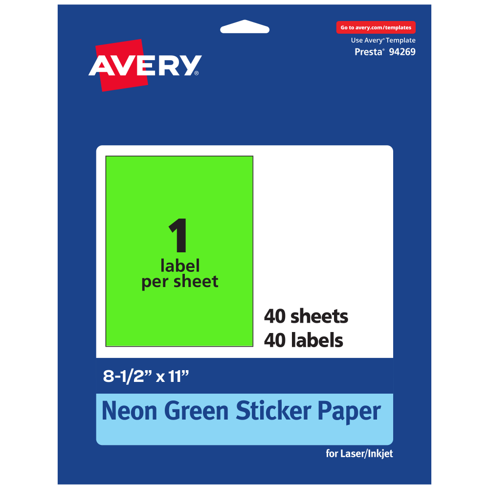 Avery Printable Sticker Paper, 94269-NGP40, Rectangle, 8-1/2in x 11in, Matte Neon Green, Pack of 40 MPN:94269-NGP40