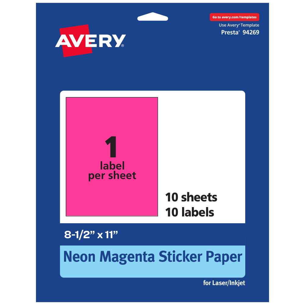 Avery Printable Sticker Paper, 94269-NMP10, Rectangle, 8-1/2in x 11in, Matte Neon Magenta, Pack of 10 MPN:94269-NMP10