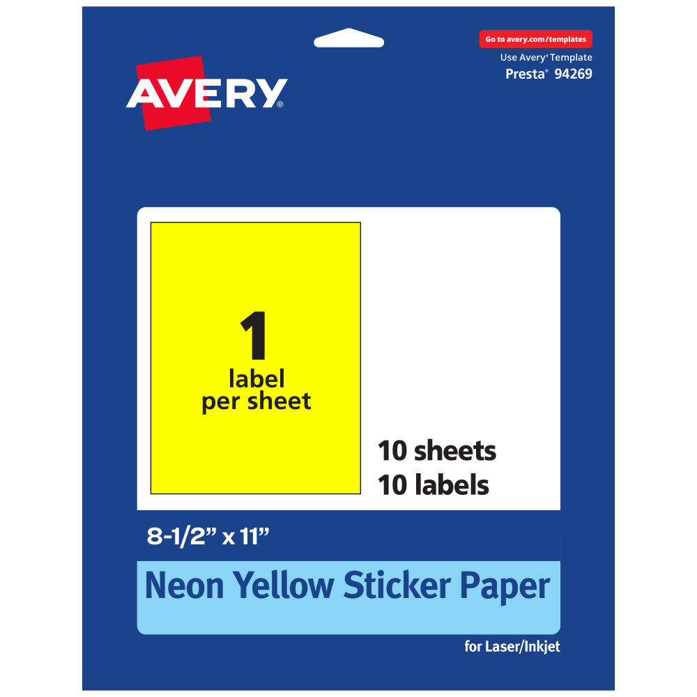 Avery Printable Sticker Paper, 94269-NYP10, Rectangle, 8-1/2in x 11in, Matte Neon Yellow, Pack of 10 MPN:94269-NYP10
