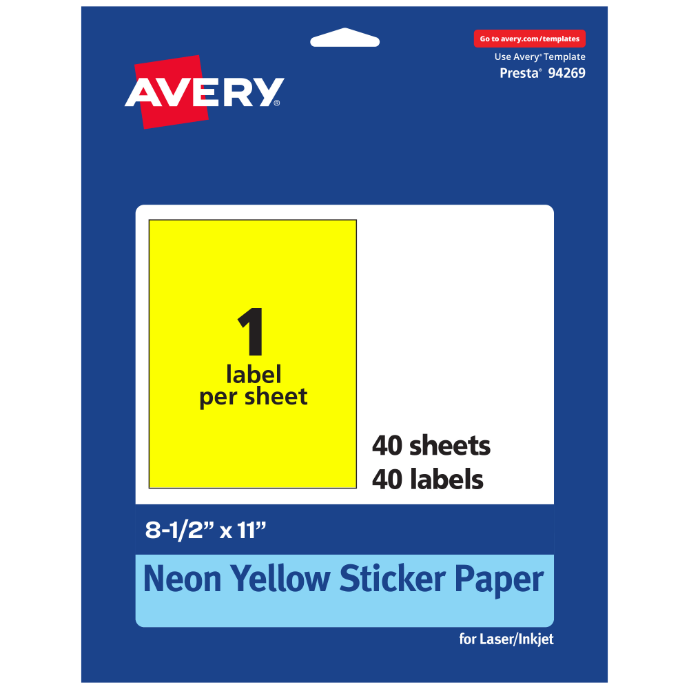 Avery Printable Sticker Paper, 94269-NYP40, Rectangle, 8-1/2in x 11in, Matte Neon Yellow, Pack of 40 MPN:94269-NYP40