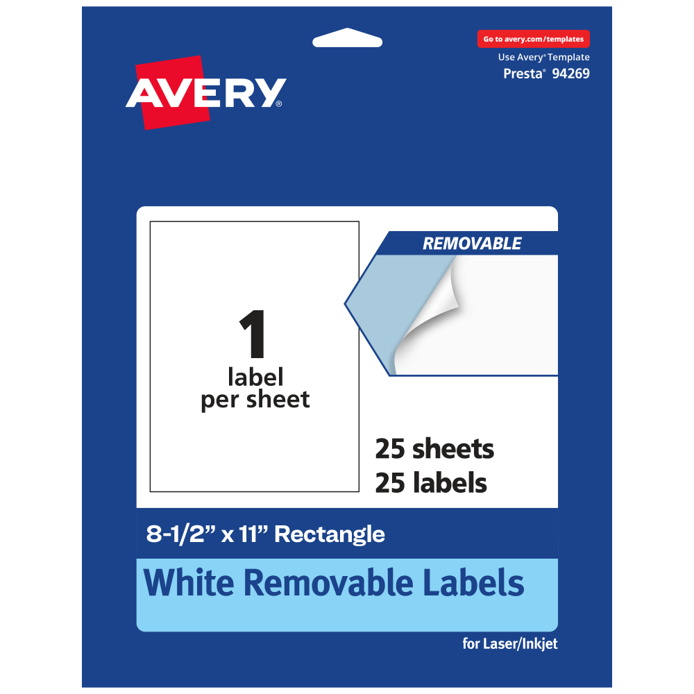 Avery Removable Labels, 94269-RMP25, Rectangle, 8-1/2in x 11in, White, Pack Of 25 Labels MPN:94269-RMP25
