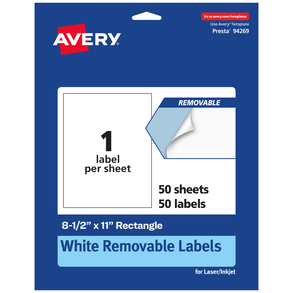 Avery Removable Labels, 94269-RMP50, Rectangle, 8-1/2in x 11in, White, Pack Of 50 Labels MPN:94269-RMP50