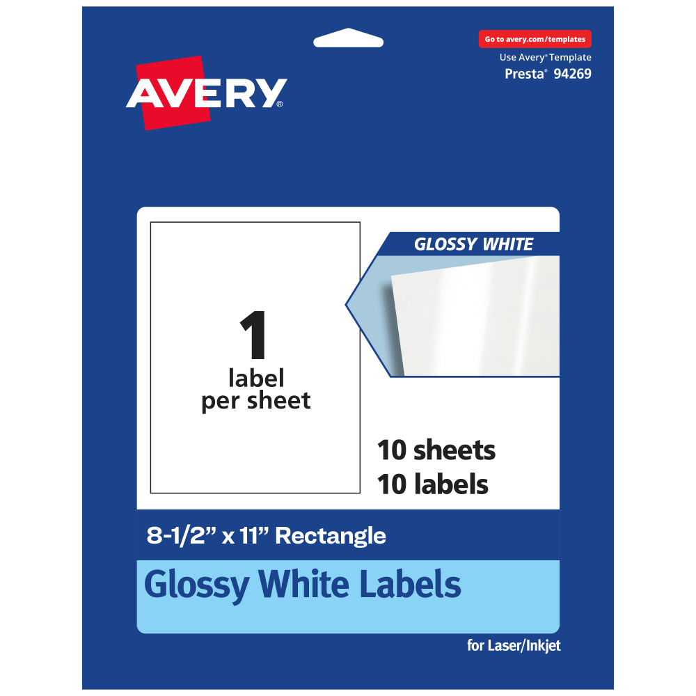 Avery Glossy Permanent Labels, 94269-WGP10, Rectangle, 8-1/2in x 11in, White, Pack Of 10 MPN:94269-WGP10
