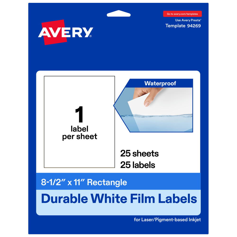 Avery Waterproof Permanent Labels, 94269-WMF25, Rectangle, 8-1/2in x 11in, White, Pack Of 25 MPN:94269-WMF25