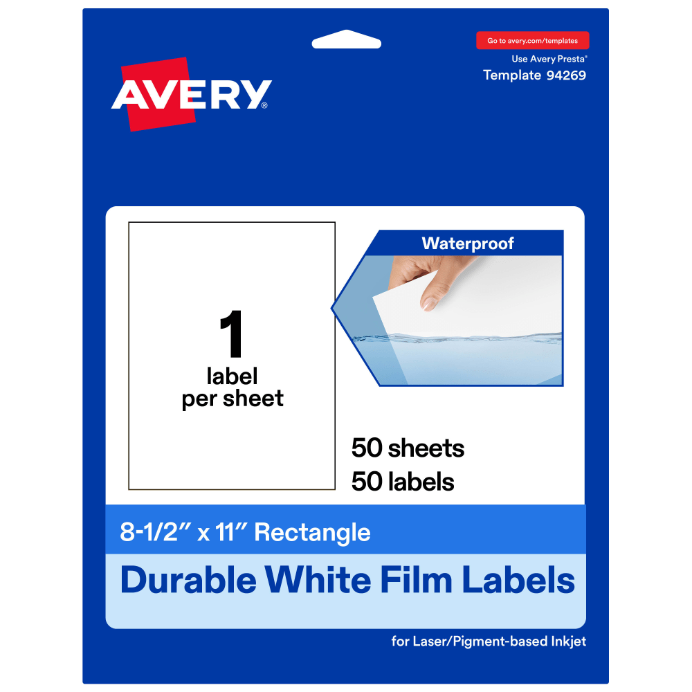 Avery Waterproof Permanent Labels, 94269-WMF50, Rectangle, 8-1/2in x 11in, White, Pack Of 50 MPN:94269-WMF50