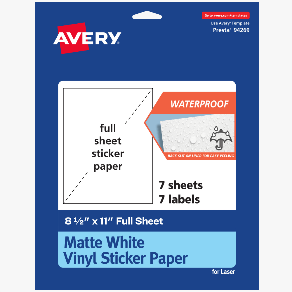 Avery Printable Vinyl Sticker Paper, 94269-WMVL7, Rectangle, 8-1/2inx11in, Matte White, Pack Of 7 MPN:94269-WMVL7