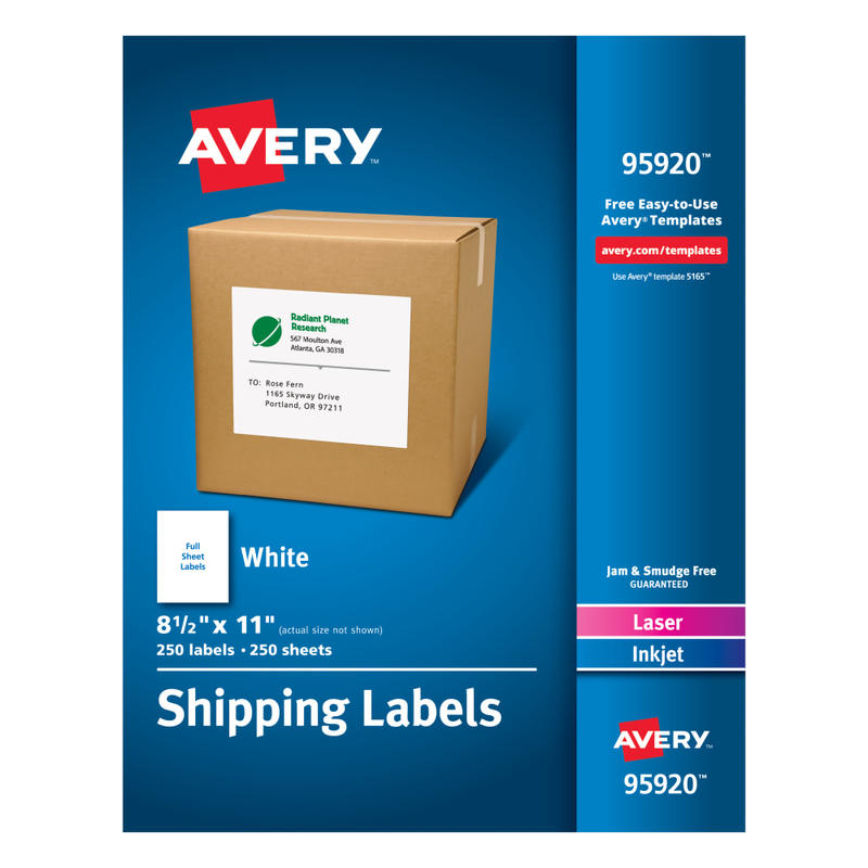 Avery Shipping Address Labels, 95920, Rectangle, Full Sheet Labels, White, Pack Of 250 Labels MPN:95920