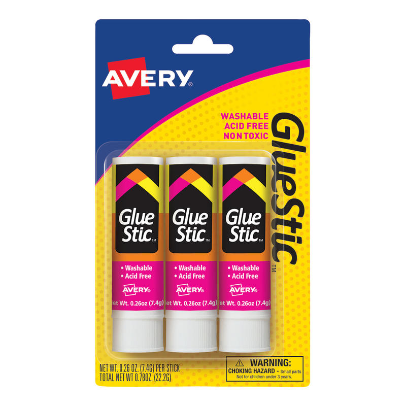 Avery Permanent Glue Stic, Washable, Nontoxic, 0.26 oz., 3 Glue Sticks MPN:00164