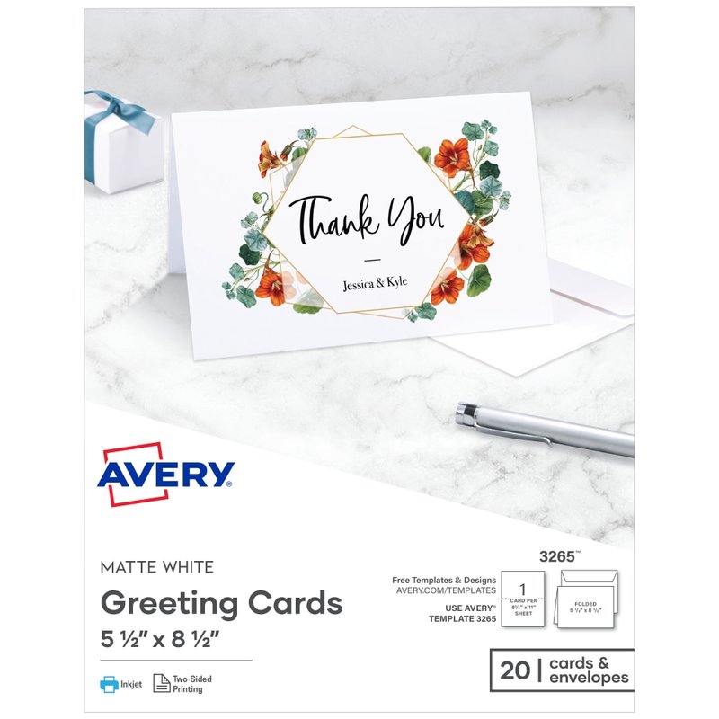 Avery Printable Greeting Cards, Half-Fold, 5.5in x 8.5in, Matte White, 20 Blank Cards With Envelopes (Min Order Qty 9) MPN:3265
