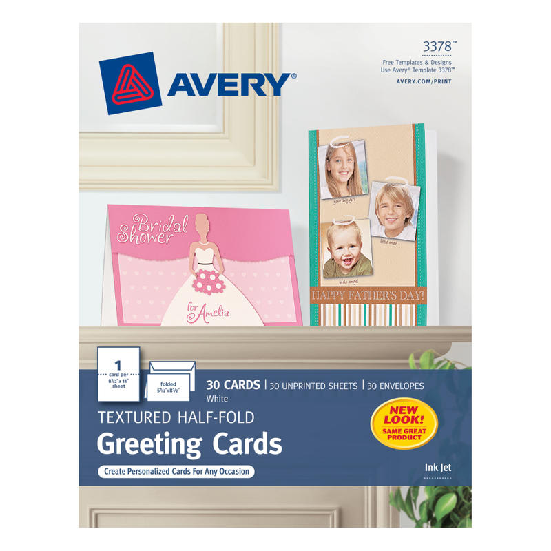 Avery Half-Fold Textured Printable Greeting Cards, 5.5in x 8.5in, White, 30 Blank Cards With Envelopes MPN:3378
