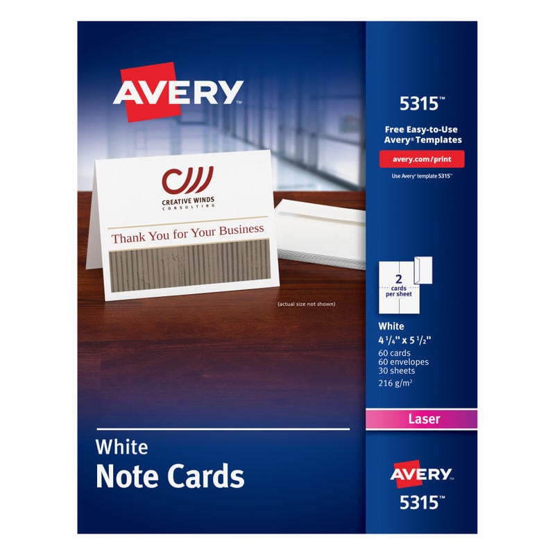 Avery Printable Note Cards With Envelopes, 4.25in x 5.5in, White, Pack Of 60 Blank Note Cards For Laser Printers (Min Order Qty 8) MPN:5315