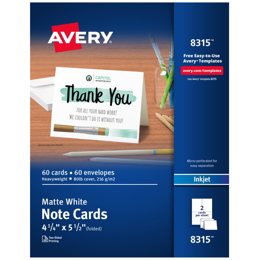 Avery Printable Note Cards With Envelopes, 4.25in x 5.5in, Matte White, 60 Blank Note Cards For Inkjet Printers MPN:8315