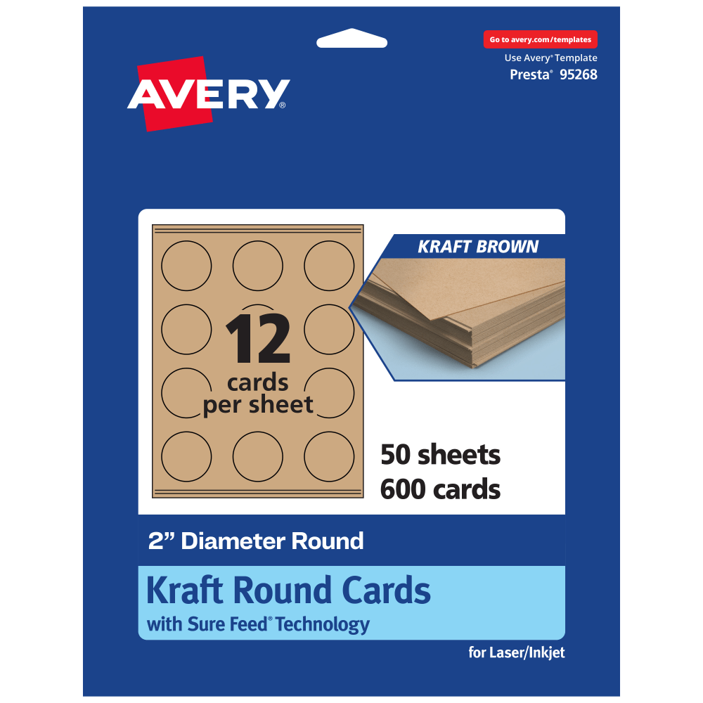 Avery Printable Business Cards With Sure Feed Technology, 95268-KMC50, Round, 2in Diameter, Kraft Brown, Pack Of 600 MPN:95268-KMC50