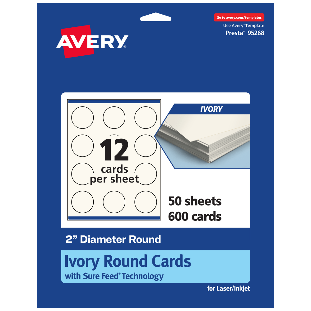Avery Printable Business Cards With Sure Feed Technology, 95268-MIC50, Round, 2in Diameter, Matte Ivory, Pack Of 600 MPN:95268-MIC50