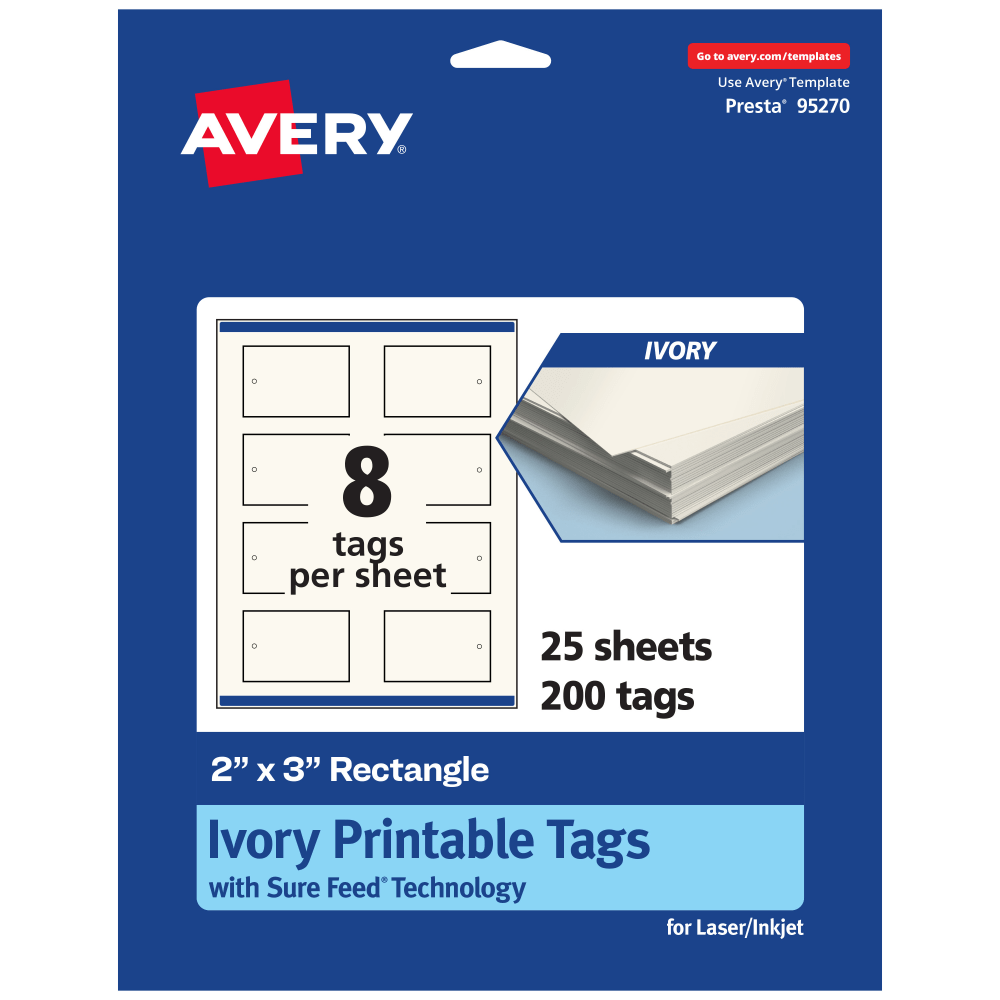 Avery Printable Tags With Sure Feed Technology, 95270-MIT25, Rectangle, 2in x 3in, Matte Ivory, Pack Of 200 MPN:95270-MIT25