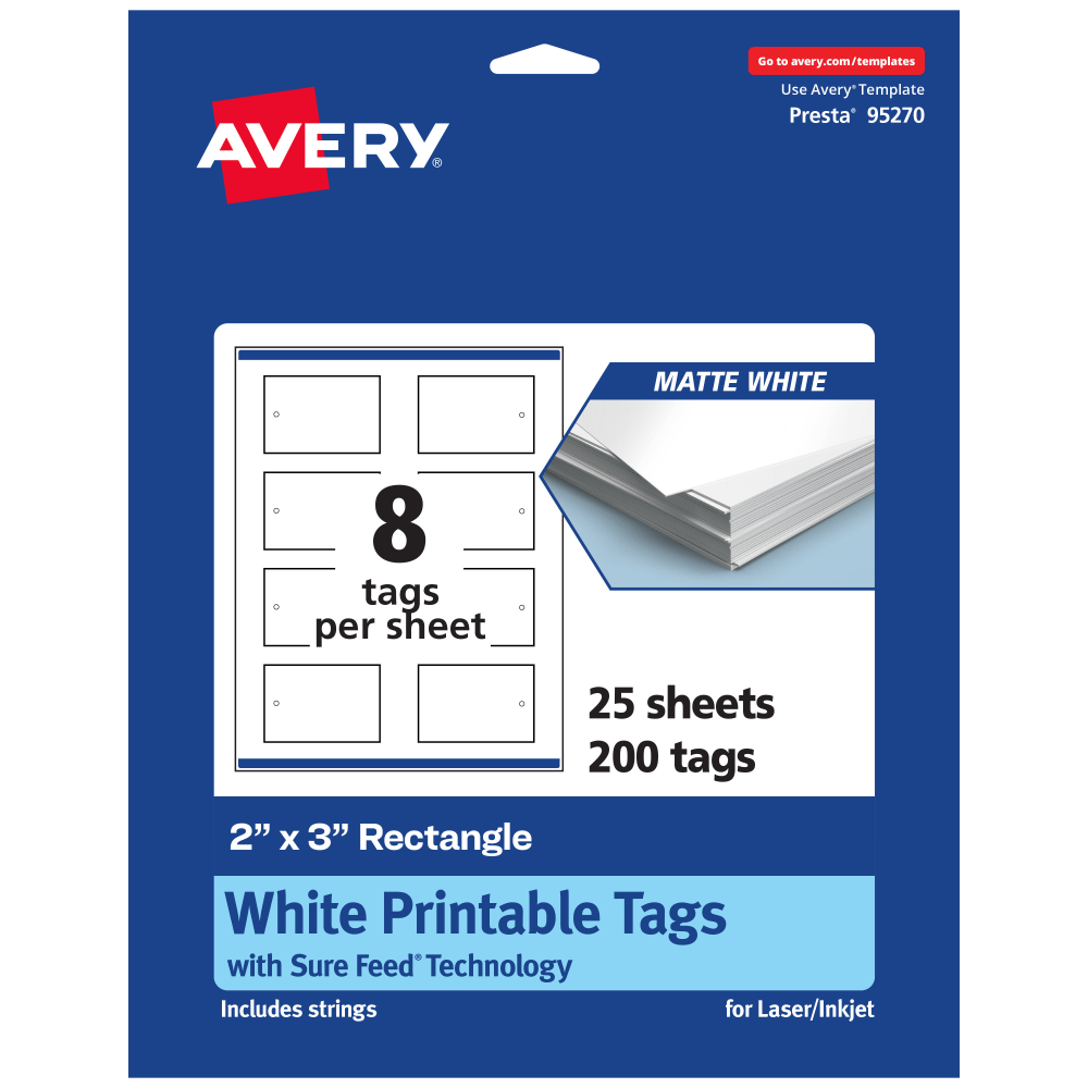 Avery Printable Tags With Sure Feed Technology, 95270-MWT25, Rectangle, 2in x 3in, Matte White, Pack Of 200 MPN:95270-MWT25