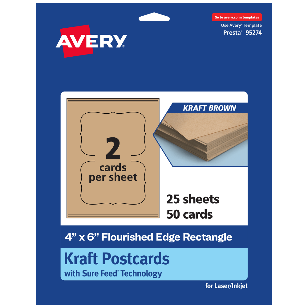 Avery Printable Postcards With Sure Feed Technology, 95274-KMC25, Rectangle Flourished Edge, 4in x 6in, Kraft Brown, Pack Of 50 MPN:95274-KMC25