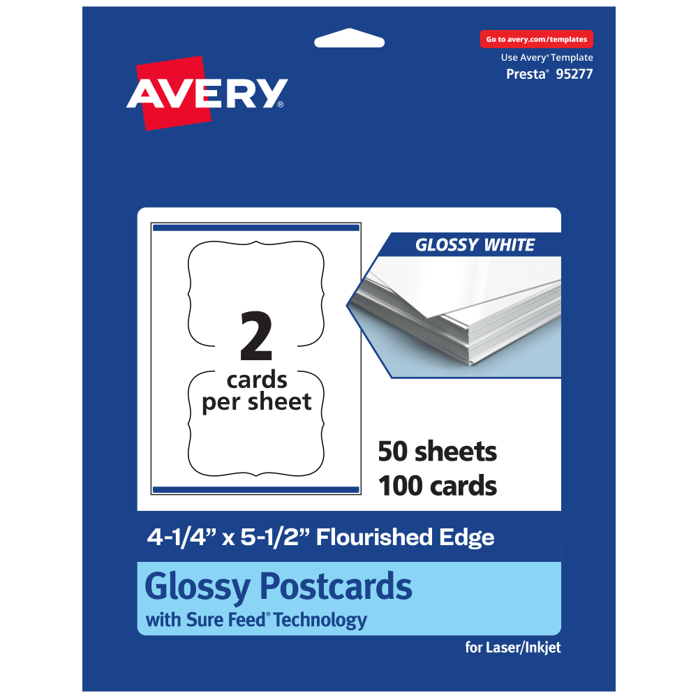 Avery Printable Postcards With Sure Feed Technology, 95277-GWC50, Rectangle Flourished Edge, 4.25in x 5.5in, Glossy White, Pack Of 100 MPN:95277-GWC50