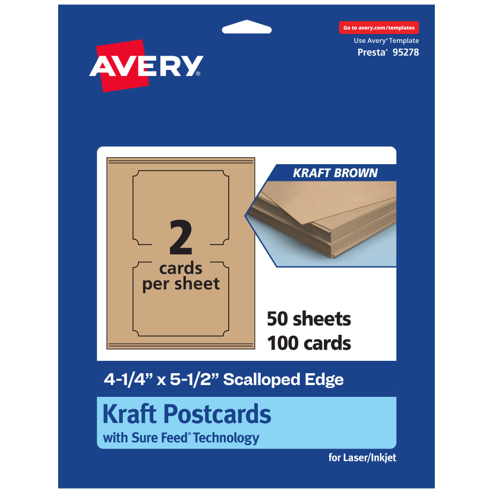 Avery Printable Postcards With Sure Feed Technology, 95278-KMC50, Rectangle Scalloped, 4.25in x 5.5in, Kraft Brown, Pack Of 100 MPN:95278-KMC50