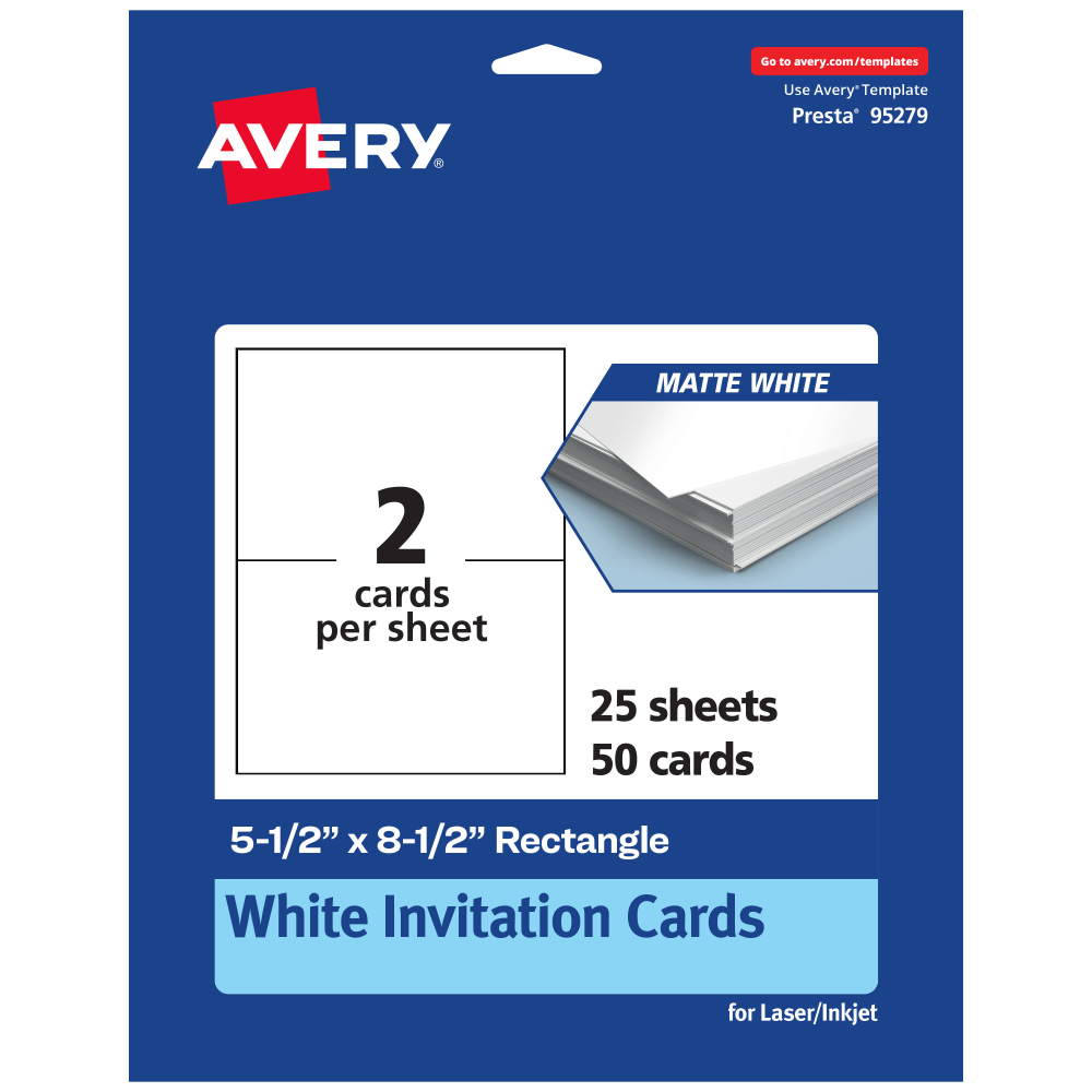 Avery Printable Invitation Cards, Rectangle, 5.5in x 8.5in, Matte White, Pack Of 50 MPN:95279-MWC25