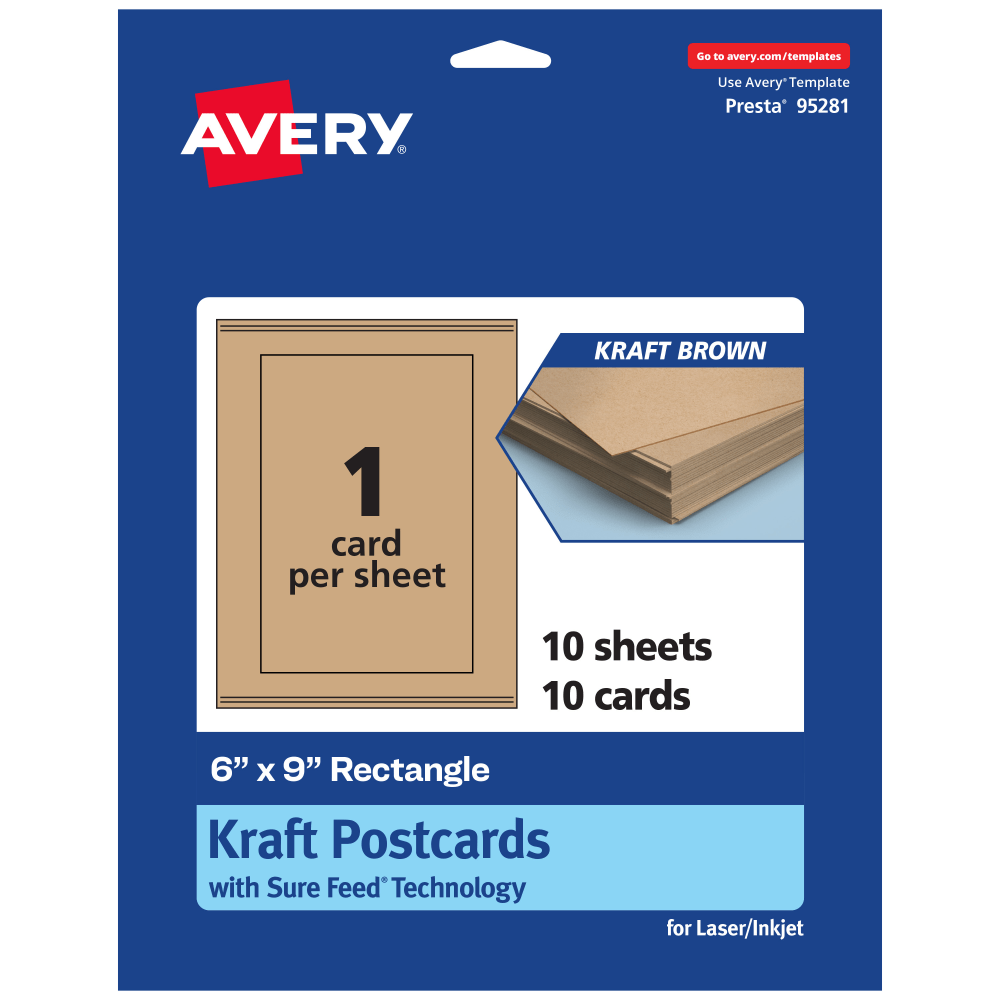 Avery Printable Postcards With Sure Feed Technology, 95281-KMC10, Rectangle, 6in x 9in, Kraft Brown, Pack Of 10 MPN:95281-KMC10