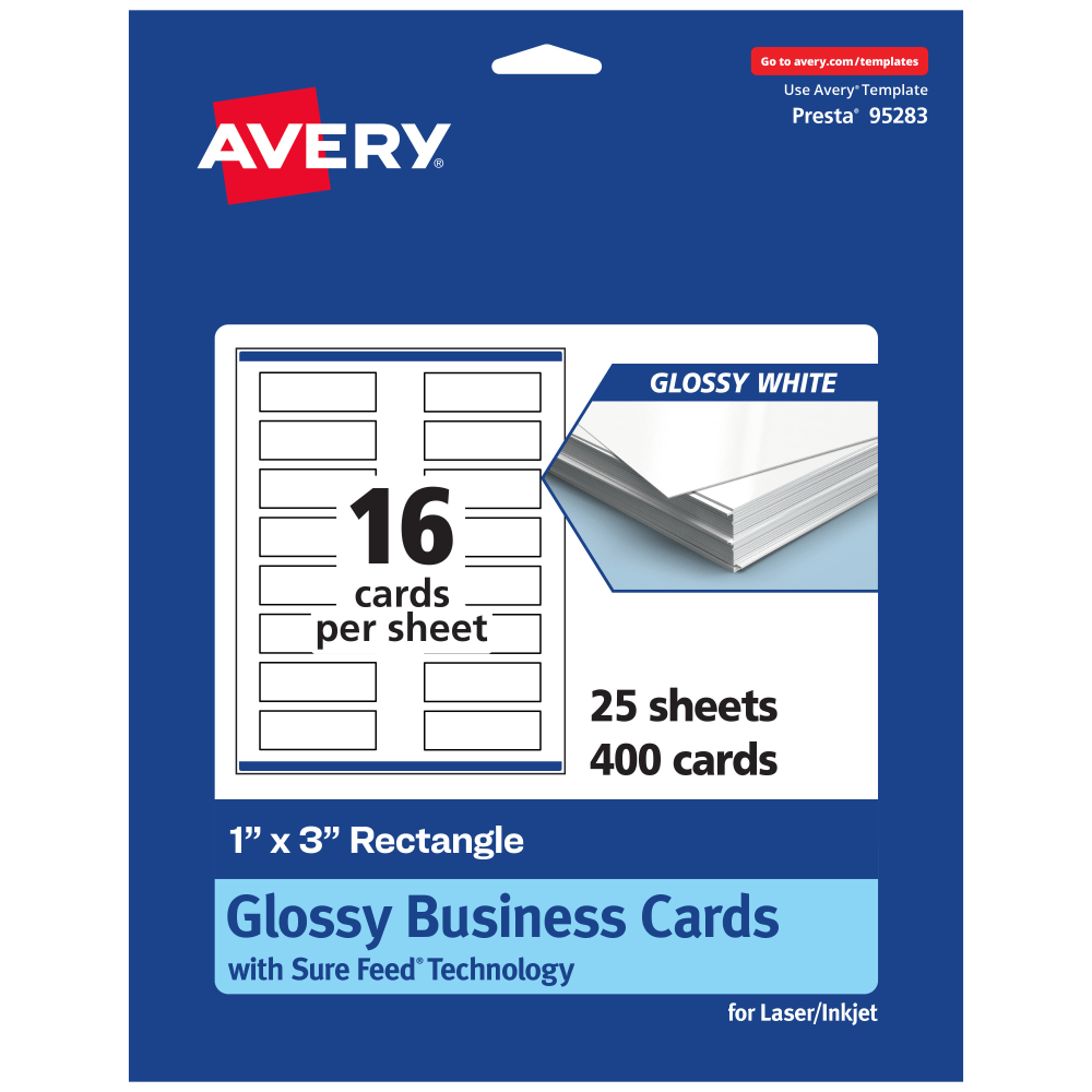 Avery Printable Mini Business Cards With Sure Feed Technology, Print-To-The-Edge, 1inx3in, Glossy White, Pack Of 400 MPN:95283-GWC25