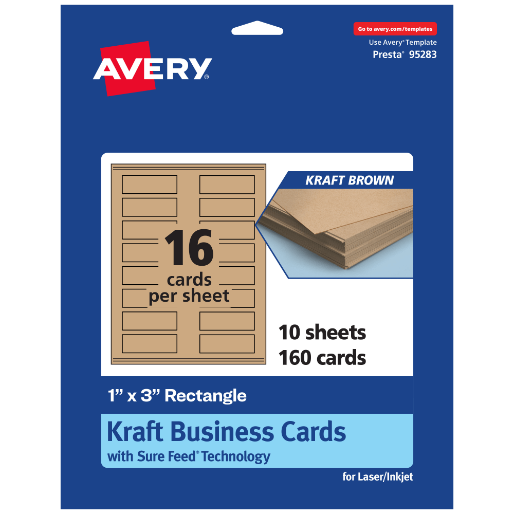 Avery Printable Mini Business Cards With Sure Feed Technology, Print-To-The-Edge, 1inx3in, Kraft Brown, Pack Of 160 MPN:95283-KMC10