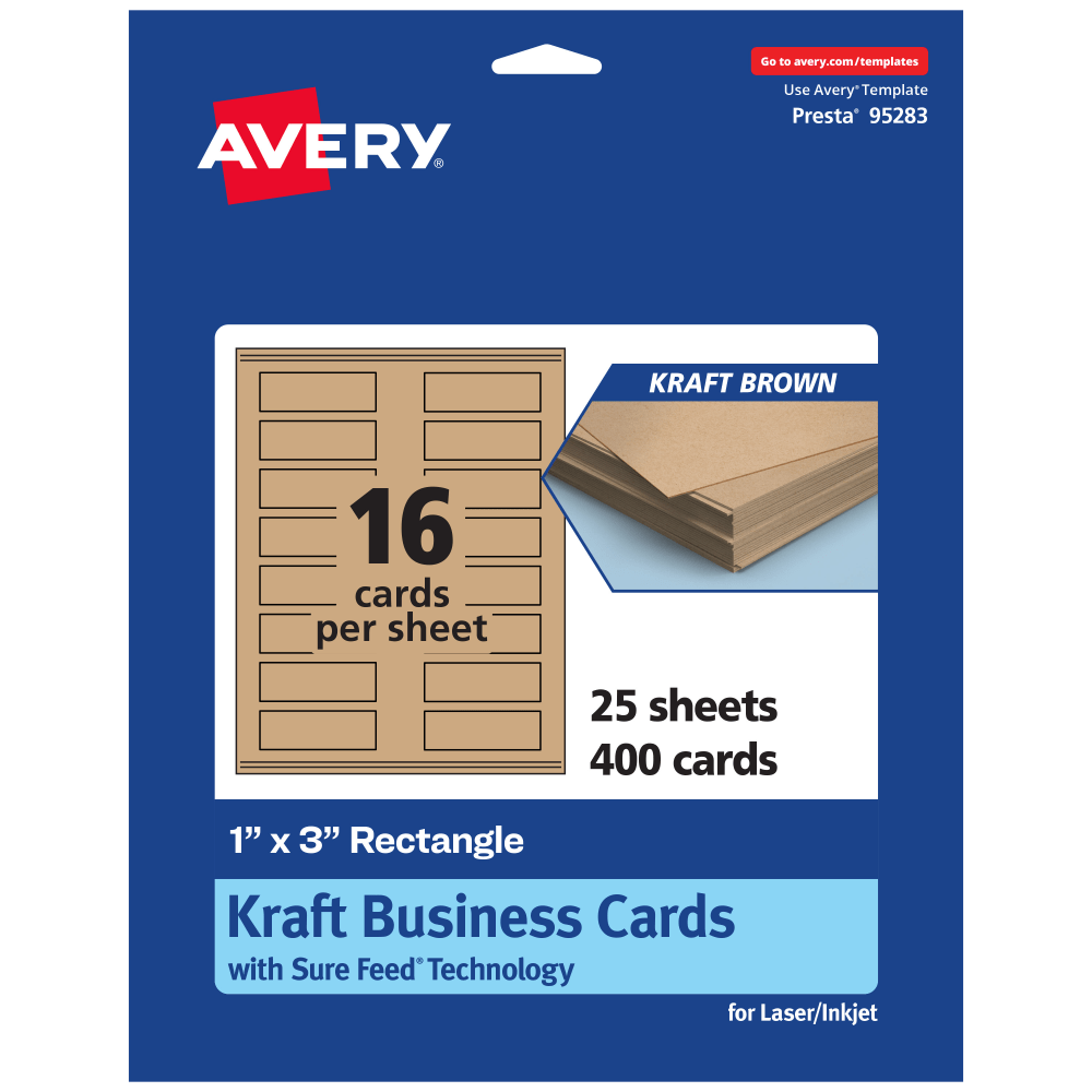 Avery Printable Mini Business Cards With Sure Feed Technology, Print-To-The-Edge, 1inx3in, Kraft Brown, Pack Of 400 MPN:95283-KMC25