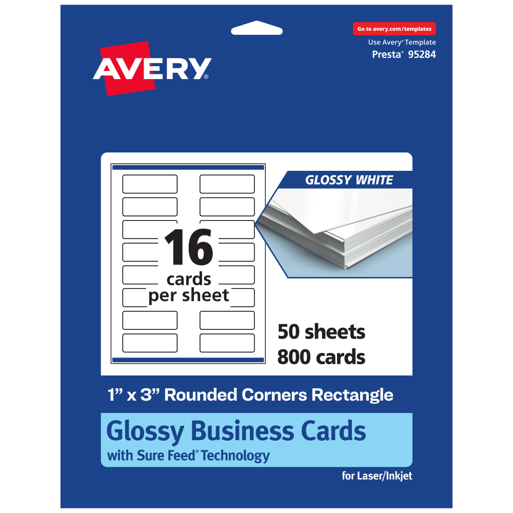 Avery Printable Rounded Corner Mini Business Cards With Sure Feed Technology, Print-To-The-Edge, 1inx3in, Glossy White, Pack Of 800 MPN:95284-GWC50