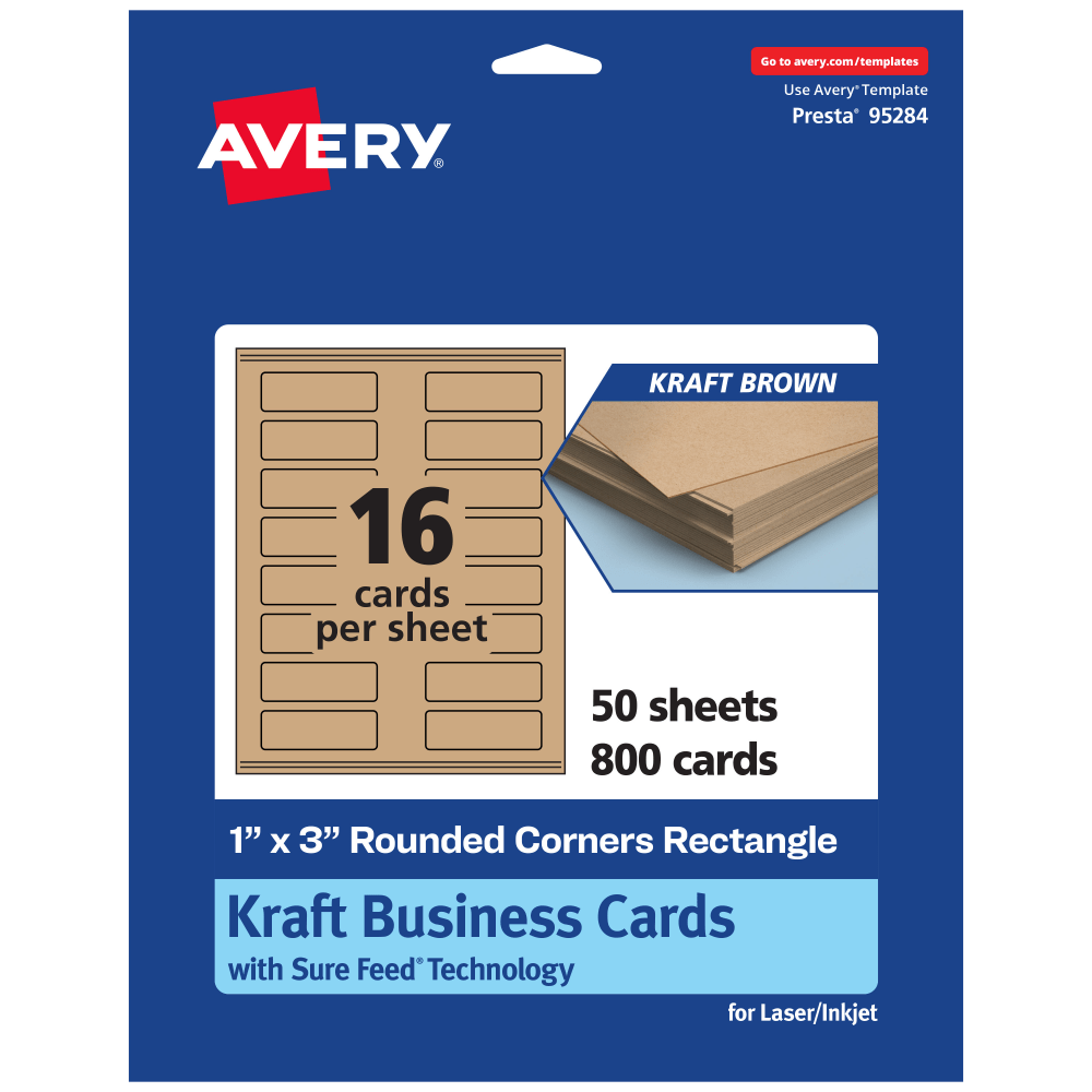 Avery Printable Rounded Corner Mini Business Cards With Sure Feed Technology, Print-To-The-Edge, 1inx3in, Kraft Brown, Pack Of 800 MPN:95284-KMC50