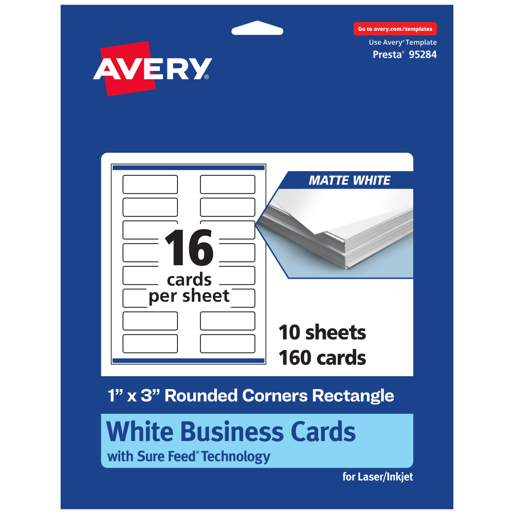 Avery Printable Rounded Corner Mini Business Cards With Sure Feed Technology, Print-To-The-Edge, 1inx3in, Matte White, Pack Of 160 MPN:95284-MWC10