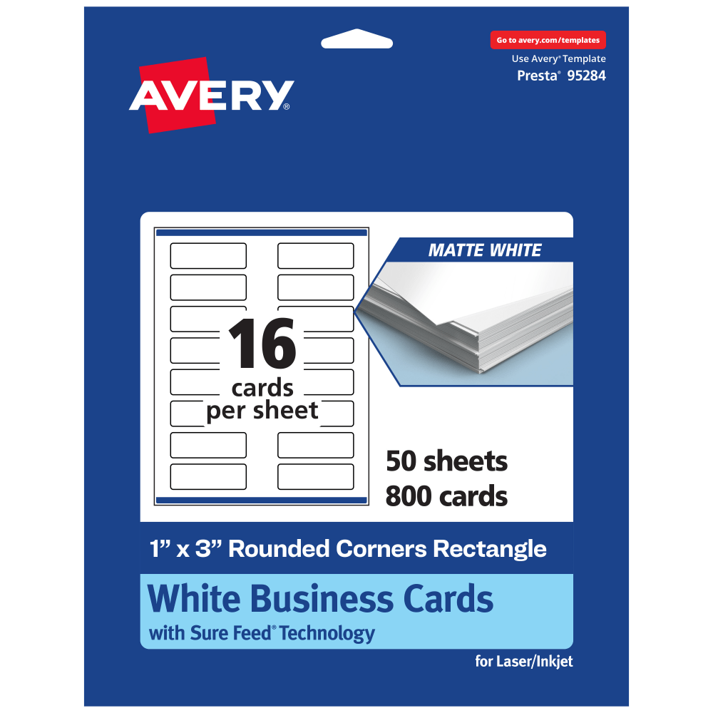 Avery Printable Rounded Corner Mini Business Cards With Sure Feed Technology, Print-To-The-Edge, 1inx3in, Matte White, Pack Of 800 MPN:95284-MWC50