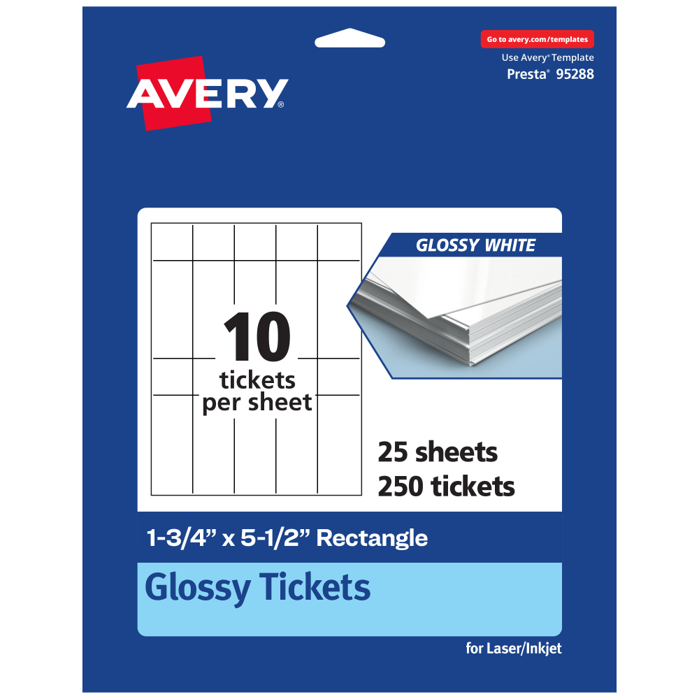 Avery Printable Tickets, 1.75inx5.5in, Glossy White, Pack Of 250 MPN:95288-GWC25