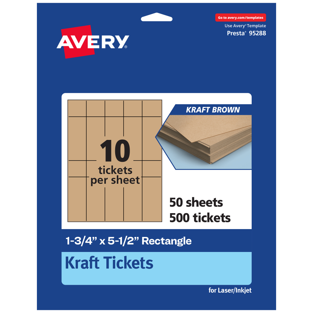 Avery Printable Tickets, 1.75inx5.5in, Kraft Brown, Pack Of 500 MPN:95288-KMC50