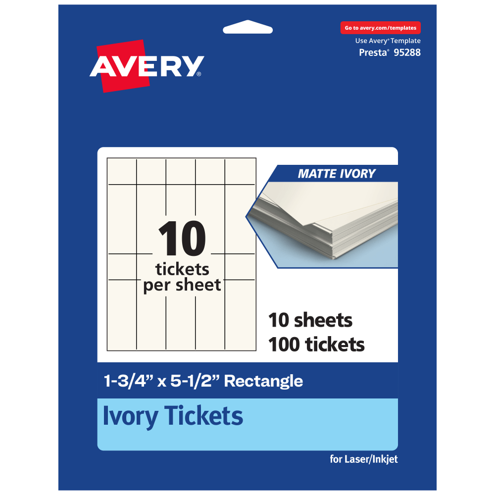 Avery Printable Tickets, 1.75inx5.5in, Matte Ivory, Pack Of 100 MPN:95288-MIC10