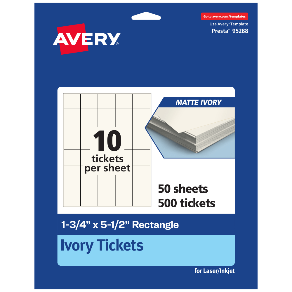 Avery Printable Tickets, 1.75inx5.5in, Matte Ivory, Pack Of 500 MPN:95288-MIC50