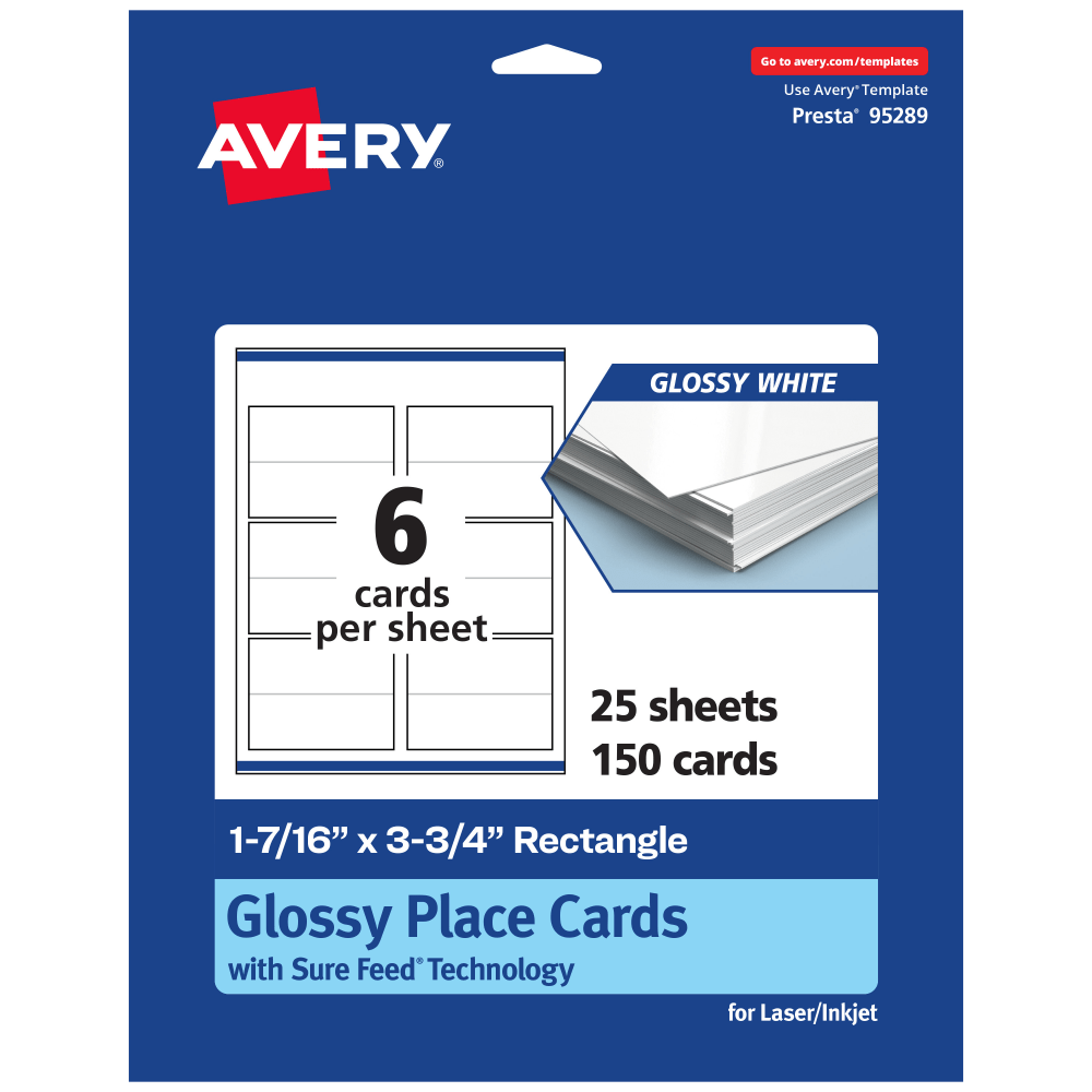 Avery Printable Place Cards With Sure Feed Technology, 1-7/16in x 3-3/4in Rectangle, Glossy White, Pack Of 150 MPN:95289-GWC25