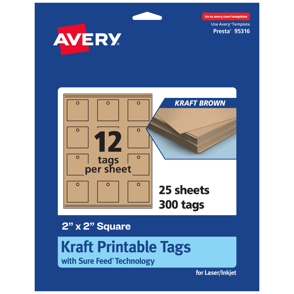 Avery Printable Tags With Sure Feed Technology, Print-To-The-Edge, 2inx2in, Kraft Brown, Pack Of 300 MPN:95316-KMT25