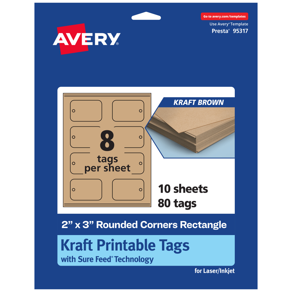 Avery Printable Tags With Sure Feed Technology, Print-To-The-Edge, 2inx3in, Kraft Brown, Pack Of 80 MPN:95317-KMT10