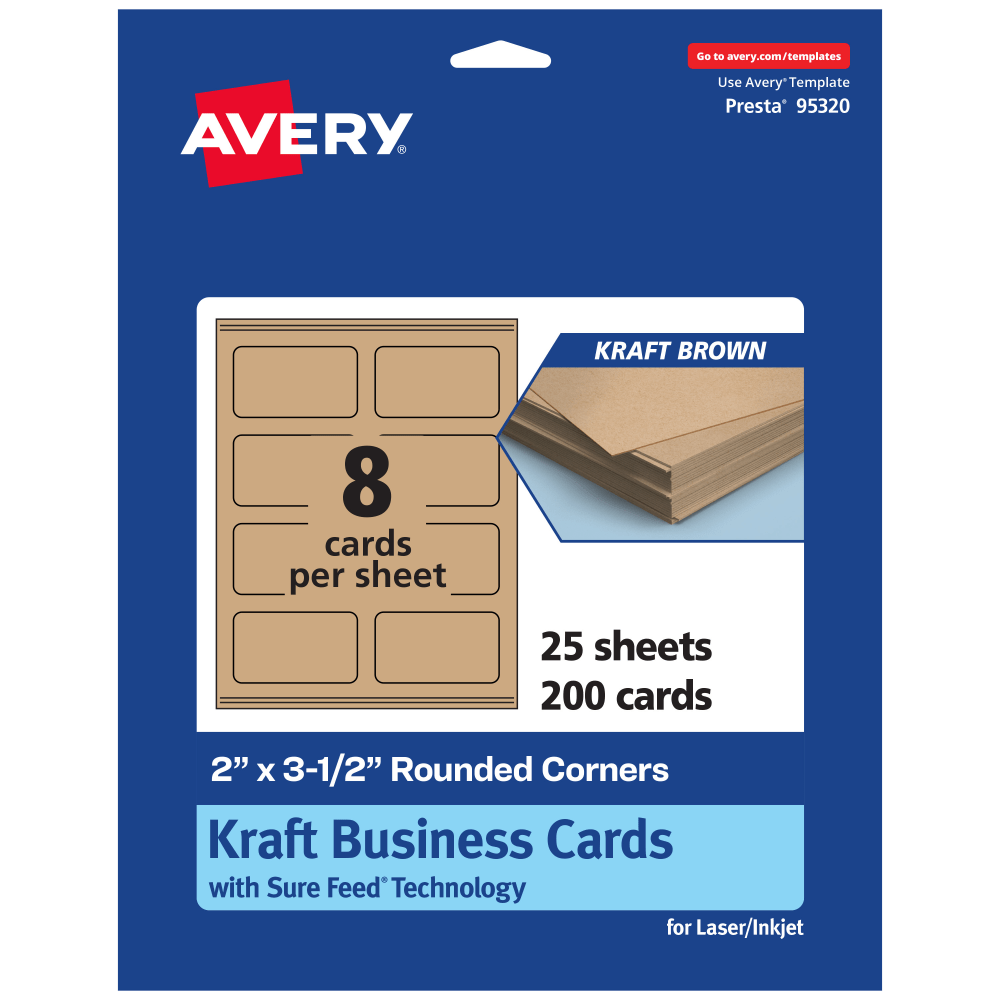 Avery Printable Rounded Corner Business Cards With Sure Feed Technology, Print-To-The-Edge, 2inx3.5in, Kraft Brown, Pack Of 200 MPN:95320-KMC25