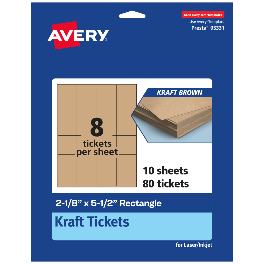 Avery Printable Tickets, 2-1/8inx5.5in, Kraft Brown, Pack Of 80 MPN:95331-KMC10